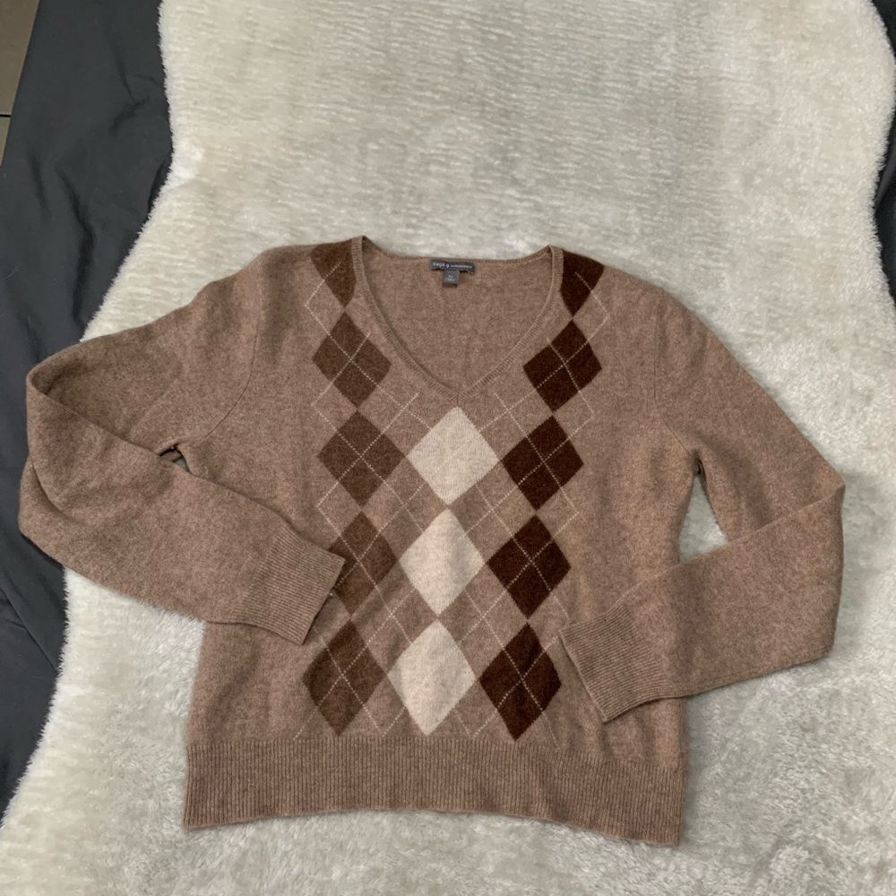 Apt 9 Womens Argyle V Neck 100% Cashmere Pullover Brown Sweater Size XL